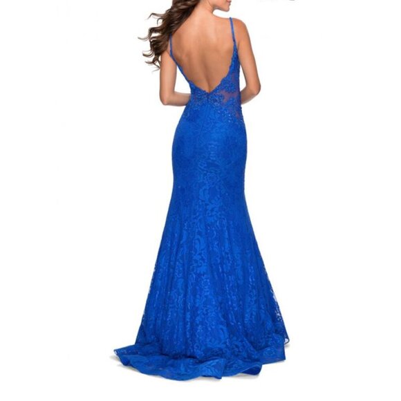 La Femme Prom Maxi Dress 28355 Mermaid Lace Rhinestone Blue - Picture 2 of 15